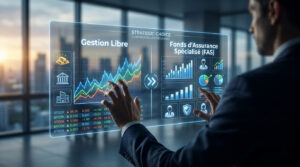 Un homme d'affaires manipule une interface holographique comparant la gestion libre et le Fonds d'Assurance Spécialisé.