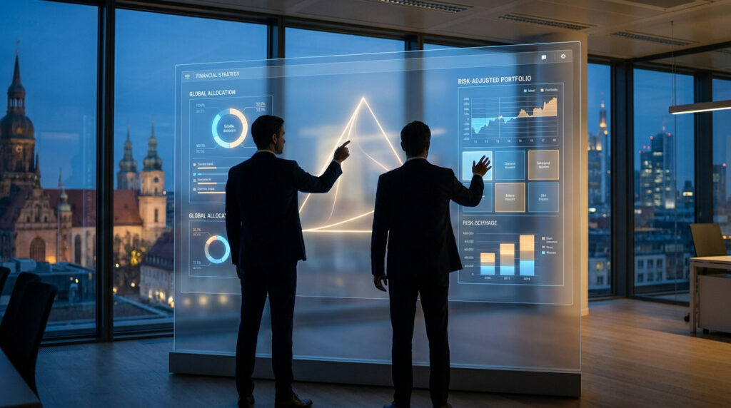 Deux hommes en costume analysant des graphiques financiers sur un écran tactile transparent avec une ville en arrière-plan.